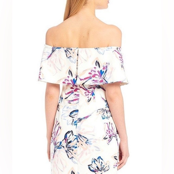 Belle Badgley Mischka Pippa Ruffle Off Shoulder Brush Stroke Floral Dress Sz. 4 - Picture 4 of 13
